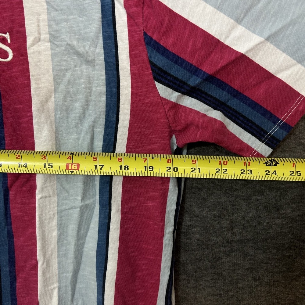 VTG 90 Guess Vertical Striped Embroidered Spellout Short Sleeve Shirt Size Small - Picture 12 of 14